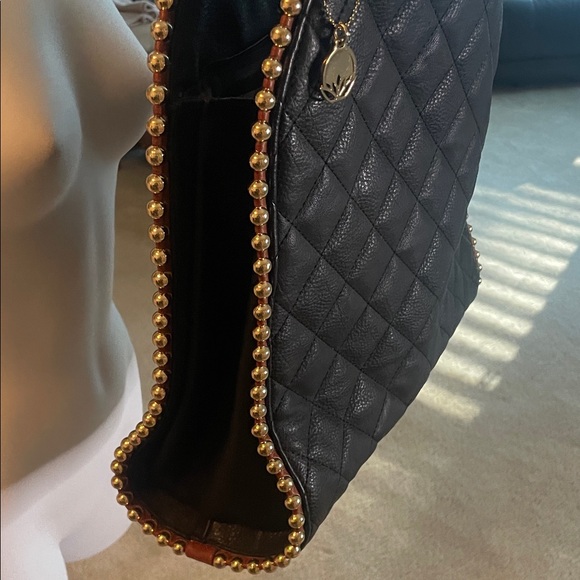 Big Buddha Black Quilted Shoulder Bag with Gold Bead Trim and Tan Edging - Picture 5 of 10